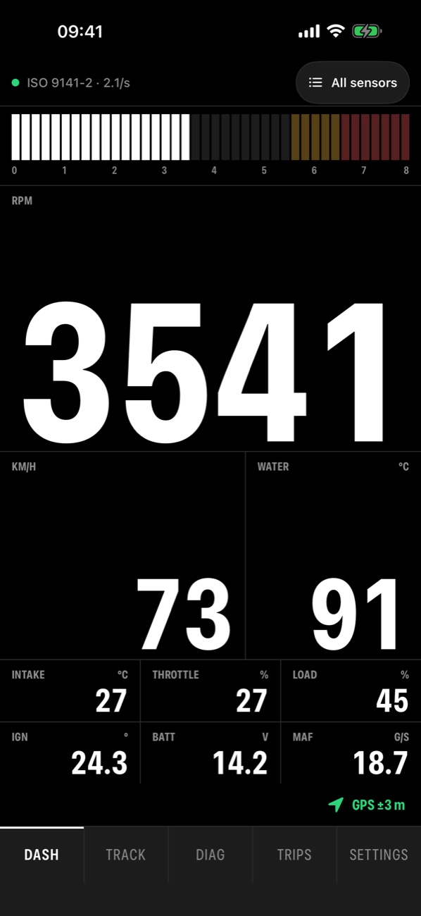 Dashwise Dash page in the Race theme: a segmented rev bar, 3541 rpm, 73 km/h, coolant 91 degrees and smaller intake, throttle, load, battery and airflow values.