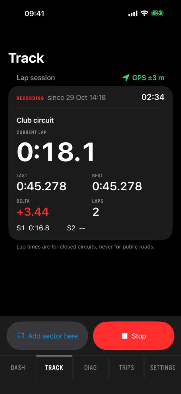 Dashwise Track page during a lap session: current lap 0:18.1, last and best lap 0:45.278, delta +3.44, with Add sector and Stop buttons.