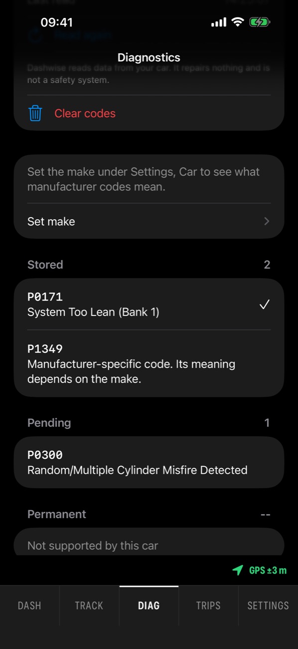 Dashwise Diagnostics page with stored codes P0171 and P1349 and pending code P0300, with plain descriptions.