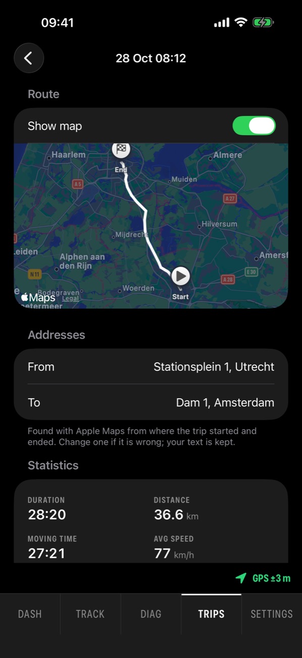 Dashwise trip detail: the route on a map from Utrecht to Amsterdam, start and end addresses, 36.6 km in 28 minutes.